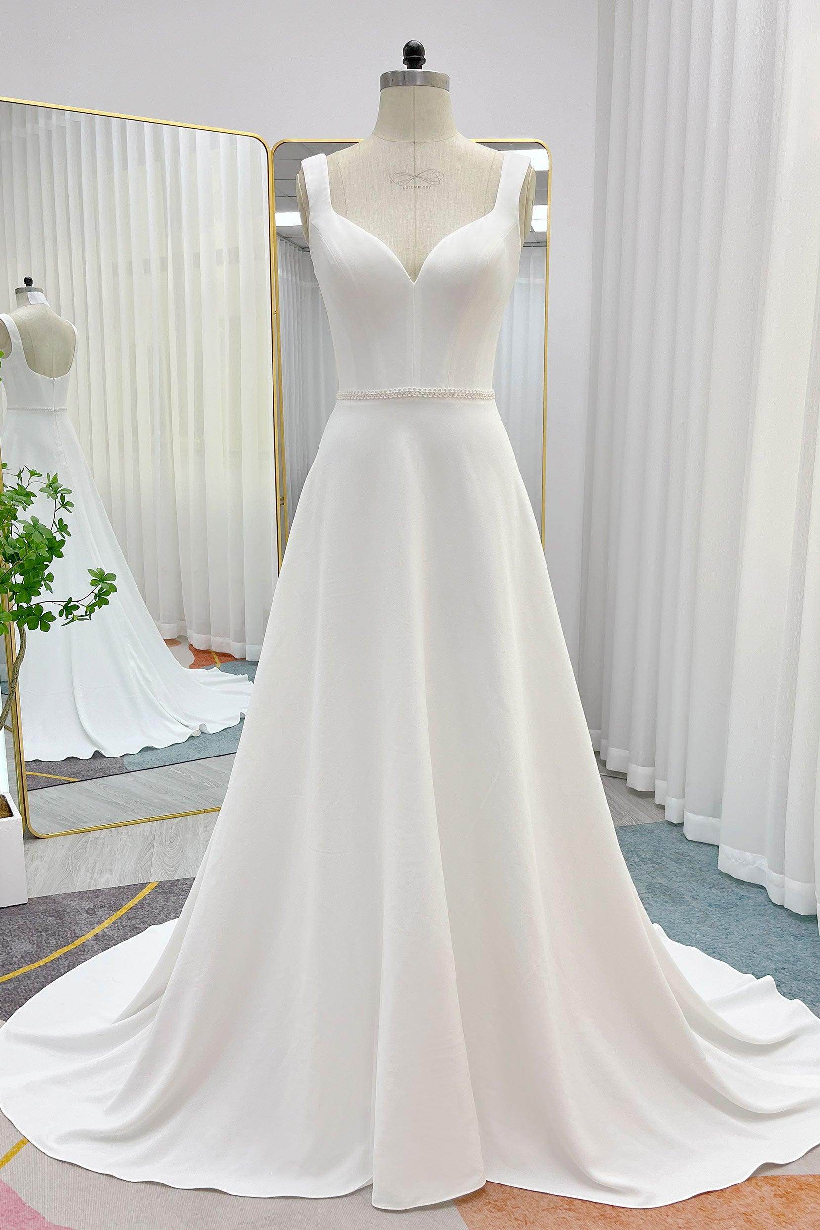 A-Line Sweep-Brush Train Stretch Satin Wedding Dress CW3287 - COCOMELODY